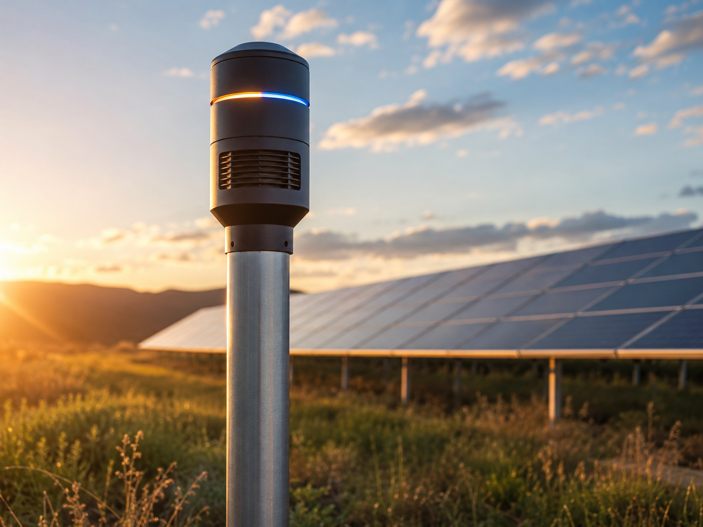 Close-up product photo of our 2nd Generation CloudShield emitter tower standing beside a solar array