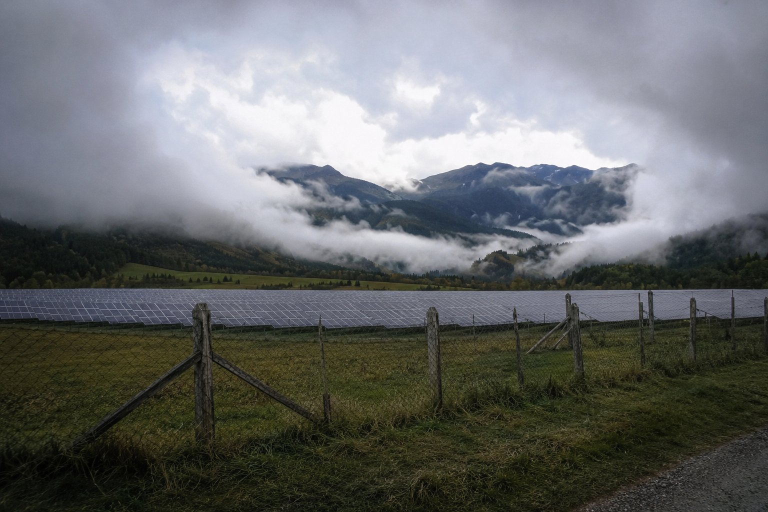 Photo of fog rolling around the perimeter of a solar farm while the sky above the panels stays clear