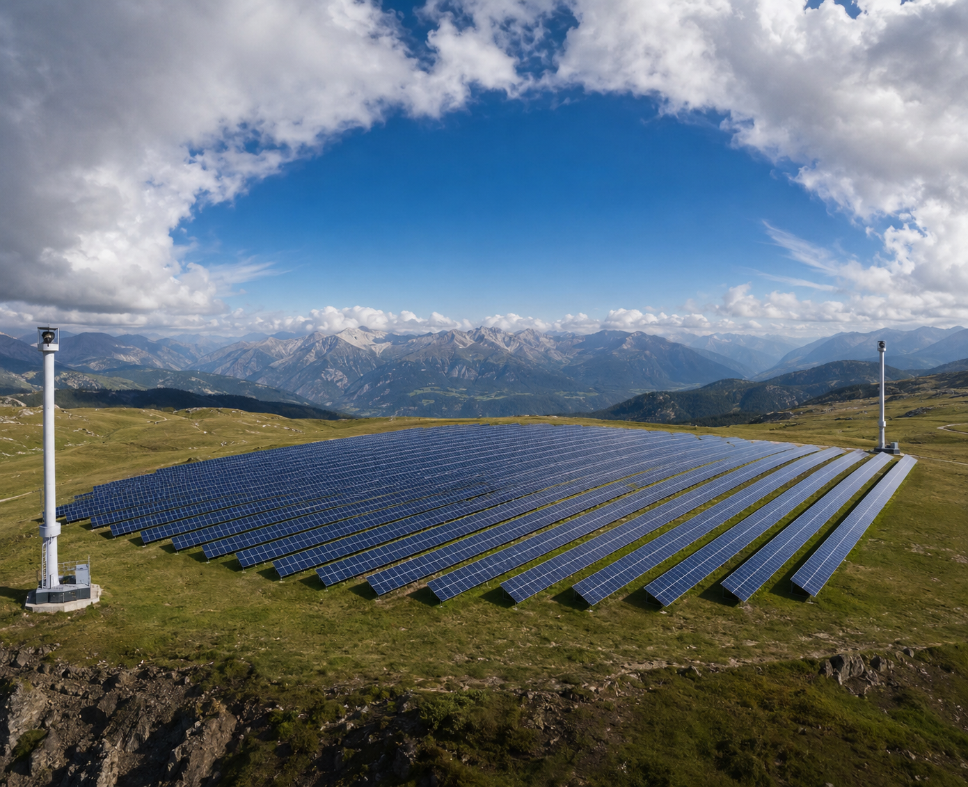 Aerial photo of a solar farm with a dome of clear sky above the panels while clouds curve around the perimeter