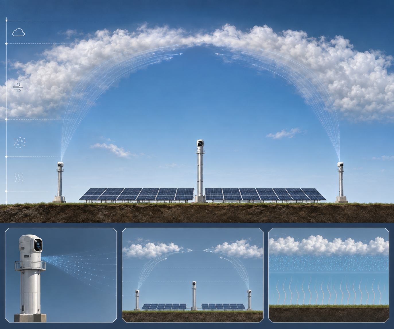 Cutaway illustration of the atmosphere above a CloudShield installation showing the sensing mast and emitter towers deflecting clouds
